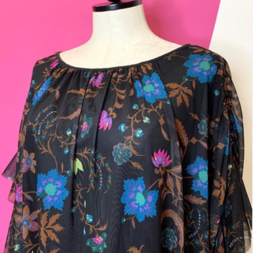 Free People Womens Blouse‎ Shirt Wild Flower Black Combo Floral Mesh B2 - Picture 5 of 7